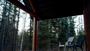 A covered outdoor area with two Adirondack chairs, a concrete floor, and a forest backdrop. - Grizzly Den Cabin Rental (Valemount)