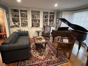 Télévision, cheminée, lecteur de DVD, livres