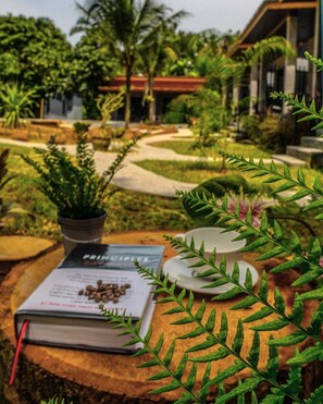Uma mesa com um livro, xícara de café e pires, rodeada por vegetação exuberante e um caminho que leva a um edifício.