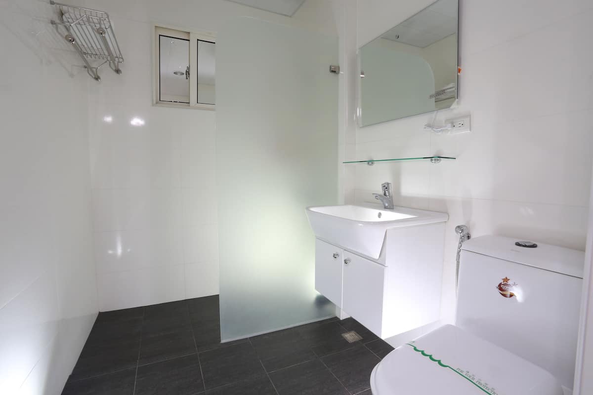 standard double room, 1 double bed, non smoking | bathroom | hair dryer, slippers, towels