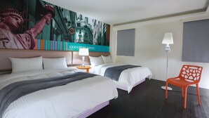 A hotel room with two beds, a large wall mural, a lamp, and a chair. - Guo Chen Hotel (Luodong)