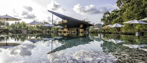 Outdoor pool, pool umbrellas, sun loungers