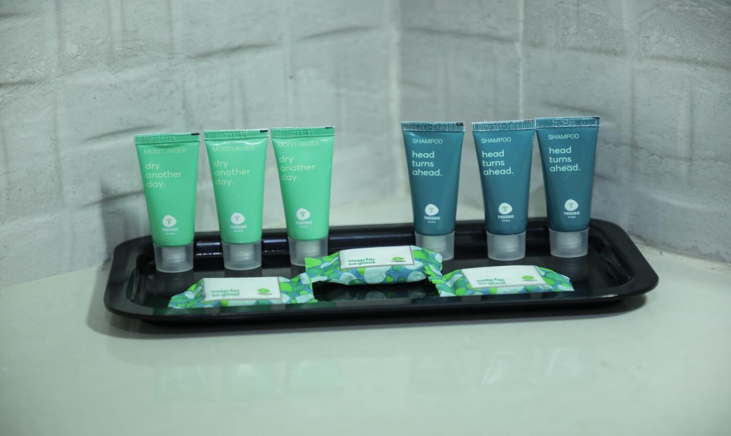 Un plateau contenant divers articles de toilette, notamment un tube vert portant l’inscription « à utiliser un autre jour », un tube bleu portant l’inscription « pour des cheveux éclatants » et un paquet vert portant l’inscription « sans savon ».