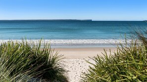 Une plage avec une eau d’un bleu limpide, un rivage sablonneux et une végétation verdoyante au premier plan.