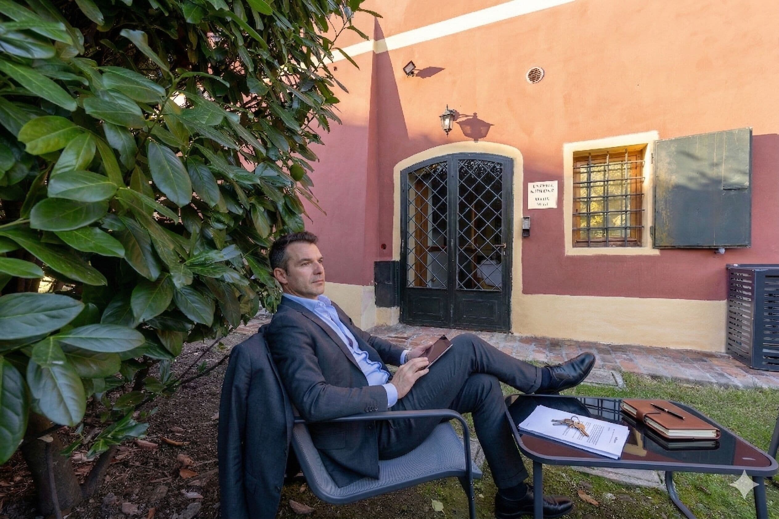 A man sitting on a chair outside a building with a door and window, a table with a notebook and keys, and a plant nearby.