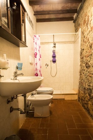 Combined shower/tub, hair dryer, towels - Rustic Tuscan style apartment (Provincia di Grosseto)