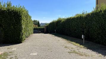 A gravel driveway leading to a gated entrance surrounded by dense hedges.
