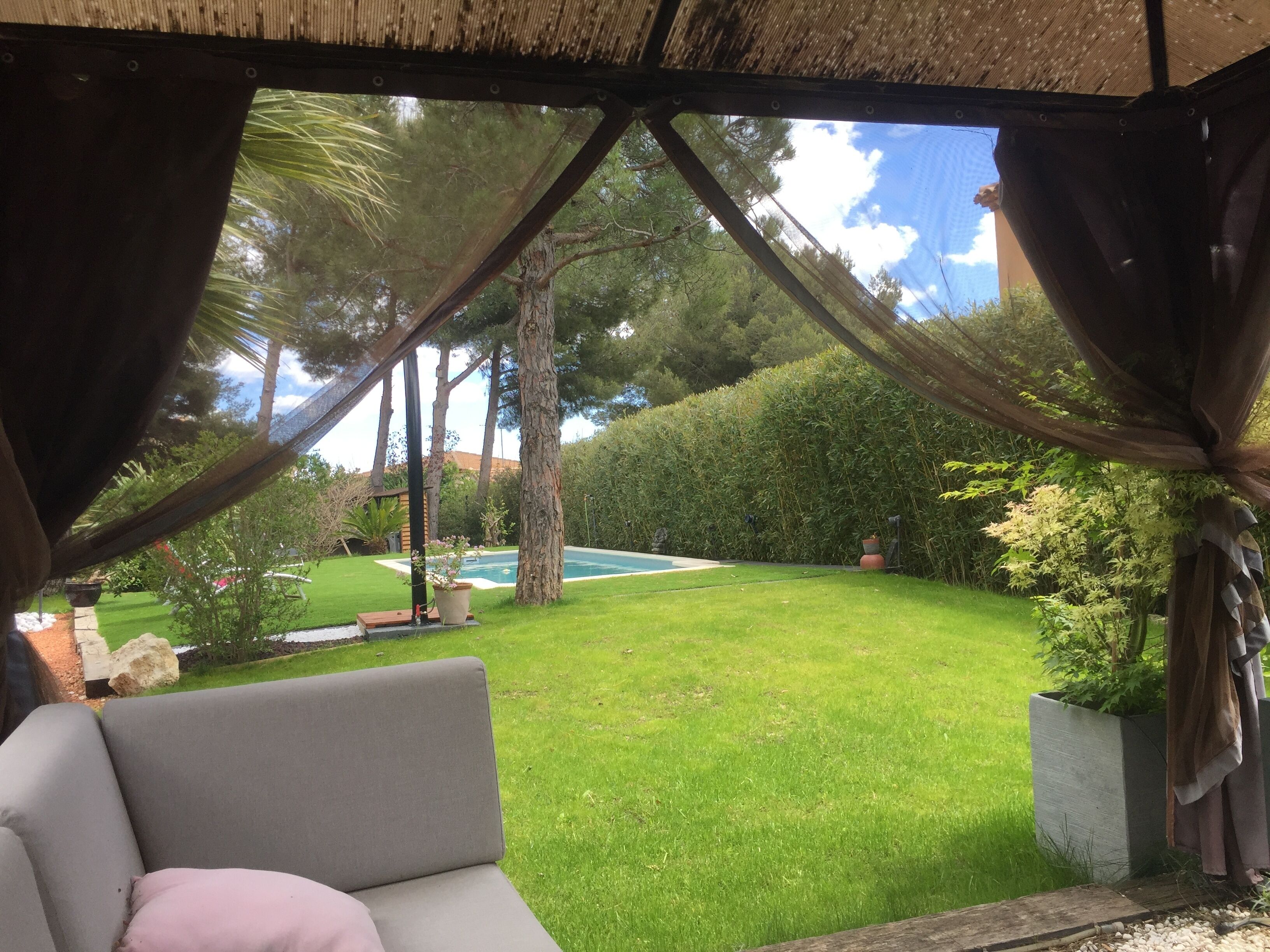 Un patio couvert avec vue sur un jardin comprenant une pelouse, une piscine et diverses plantes.