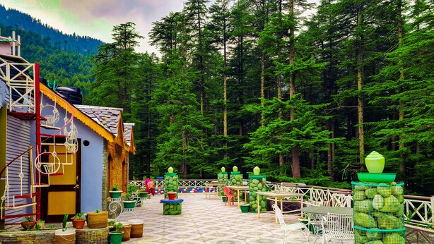 A rustic wooden building with a tiled patio, surrounded by a forest. - Hotel Mountain Top (Manali)