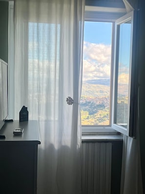 A room with a window, a radiator, and a desk with a remote control.