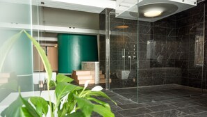 Un baño moderno con mampara de vidrio, baldosas de mármol oscuro y una pared de acento verde.