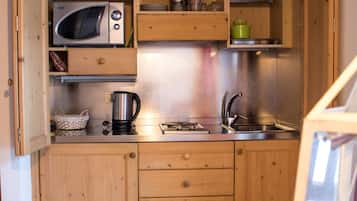 Fridge, microwave, stovetop, electric kettle