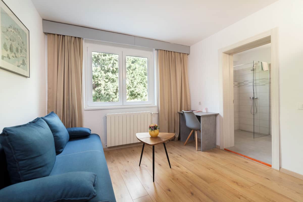 A modern living room with a blue sofa, a small wooden table with a vase, a glass shower enclosure, and a view of greenery outside.