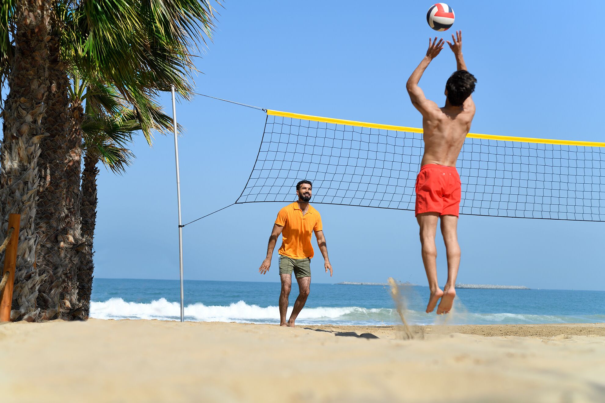 private beach, white sand, beach cabanas, sun-loungers