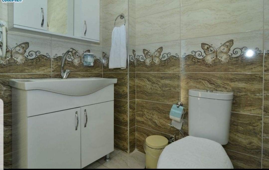 Un baño con lavamanos de mármol, armarios blancos, inodoro y un cubo de basura.