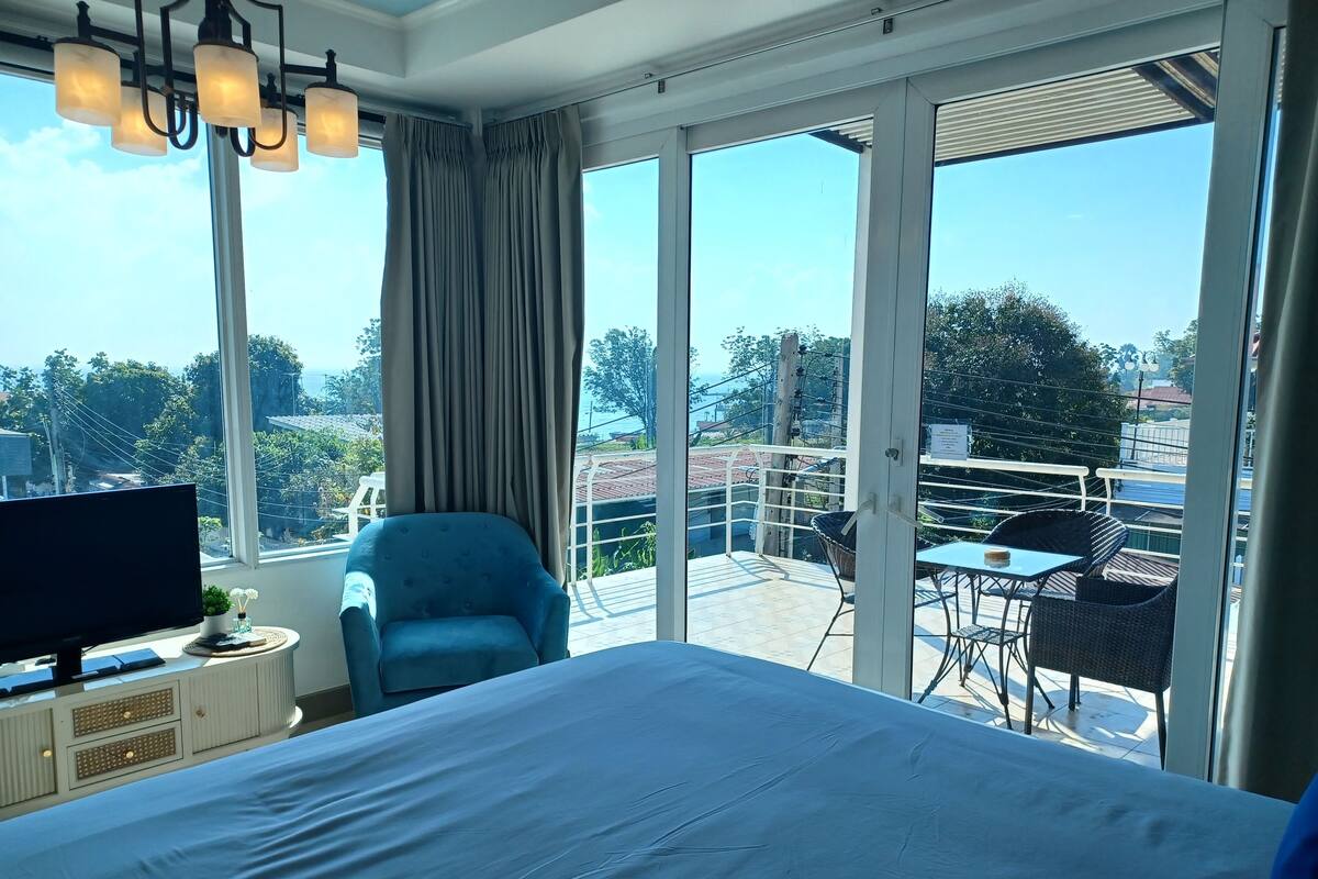 A hotel room with a large bed, a television, a small table with a plant, and a view of the outdoors through large windows.