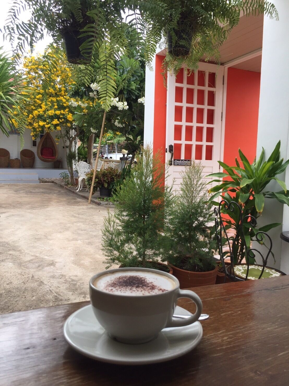 A cup of coffee on a table with a view of a red and white building, surrounded by various plants and a hanging chair.