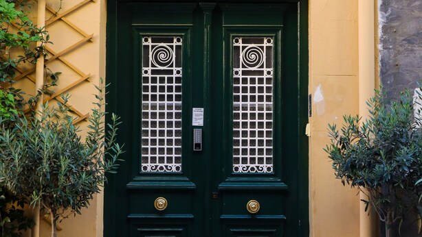 A green double door with a grid pattern, flanked by potted plants, and a tiled entrance area. - Neratzia Rooms (Athens)