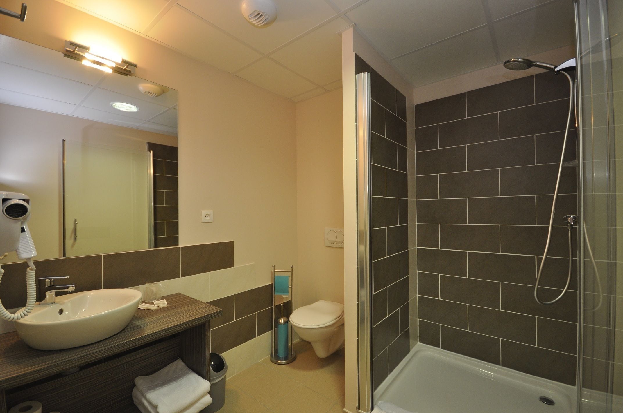 A modern bathroom with a sink, mirror, toilet, and shower.