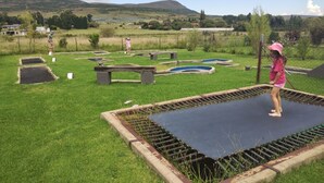 A grassy outdoor area with a trampoline, raised garden beds, and a metal fence.