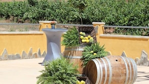 Een decoratieve buitenplaats met een houten vat, een plantenbak met varens en een rieten mand vol citroenen.