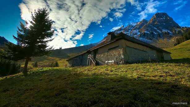 A rustic mountain house with a sloped roof, surrounded by lush greenery and a prominent mountain in the background. - Wego Hotel (Vuadens)