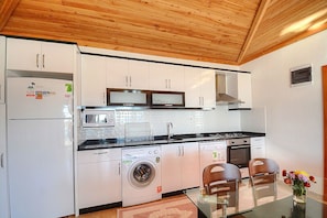 Villa | Cocineta privada | Refrigerador con congelador, microondas, horno y parrilla de estufa 