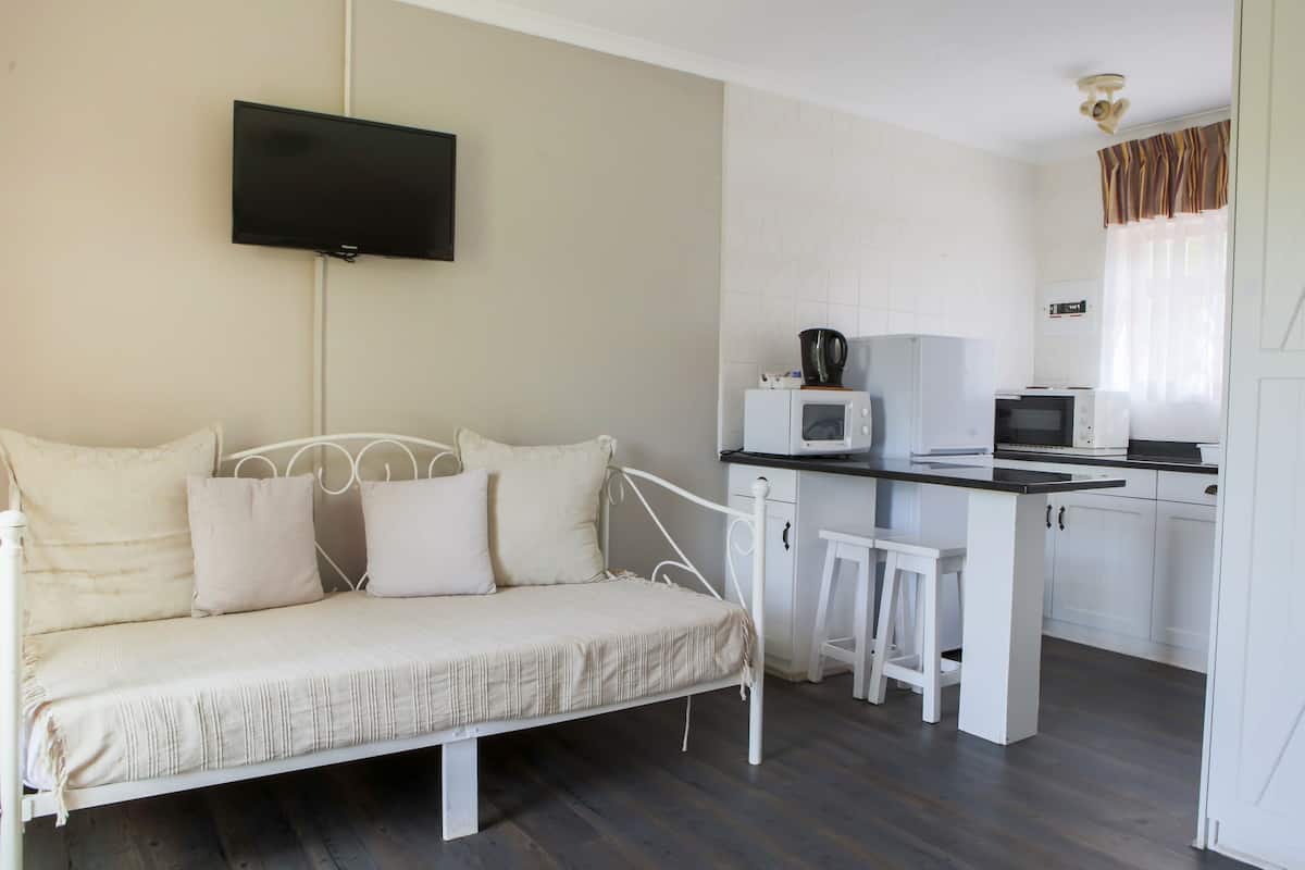 Une petite chambre comprenant un lit, une kitchenette et un téléviseur fixé au mur.