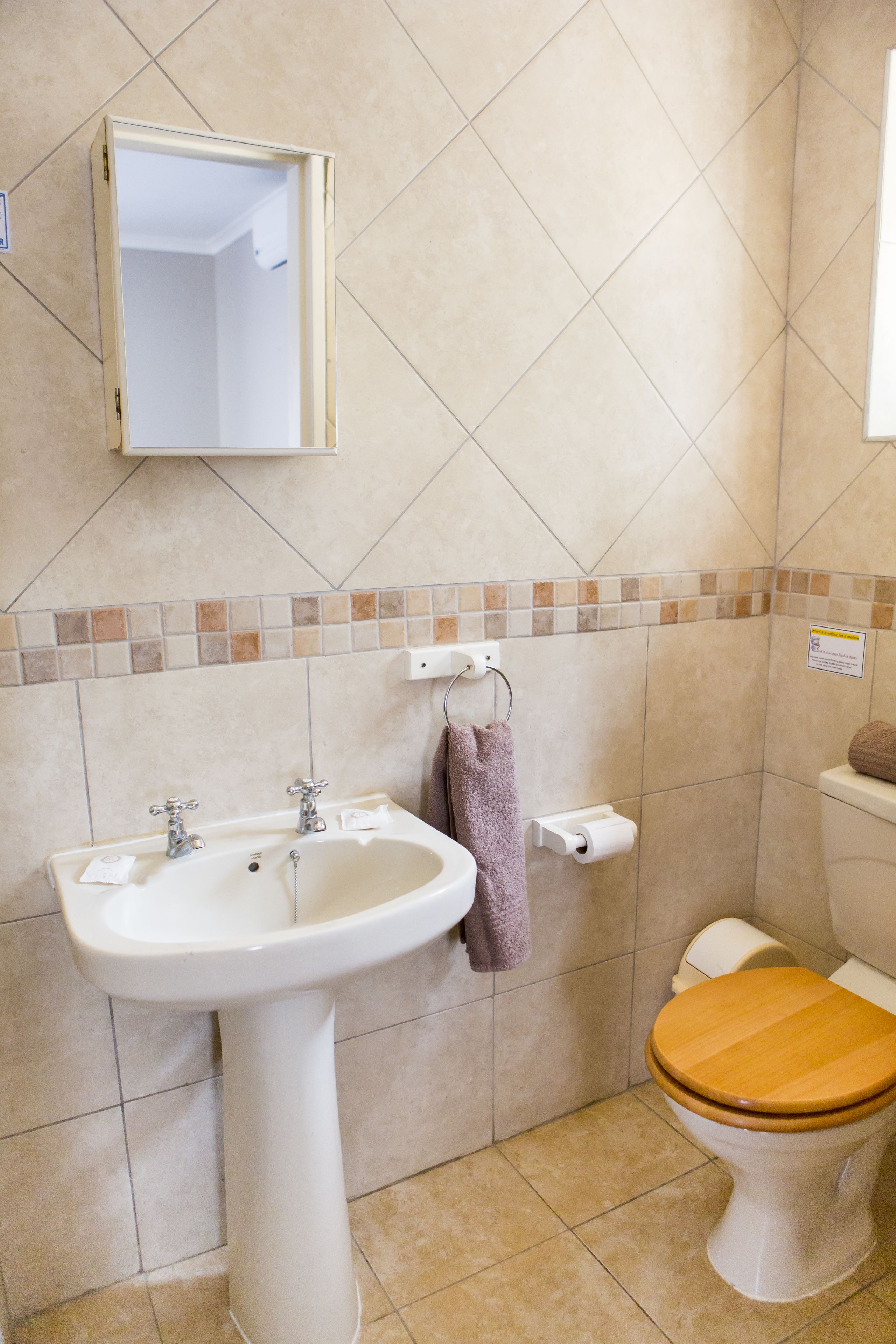 Un baño con lavamanos pedestal, tapa de inodoro de madera y espejo sobre el lavamanos.