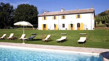 Seasonal outdoor pool, pool umbrellas, pool loungers