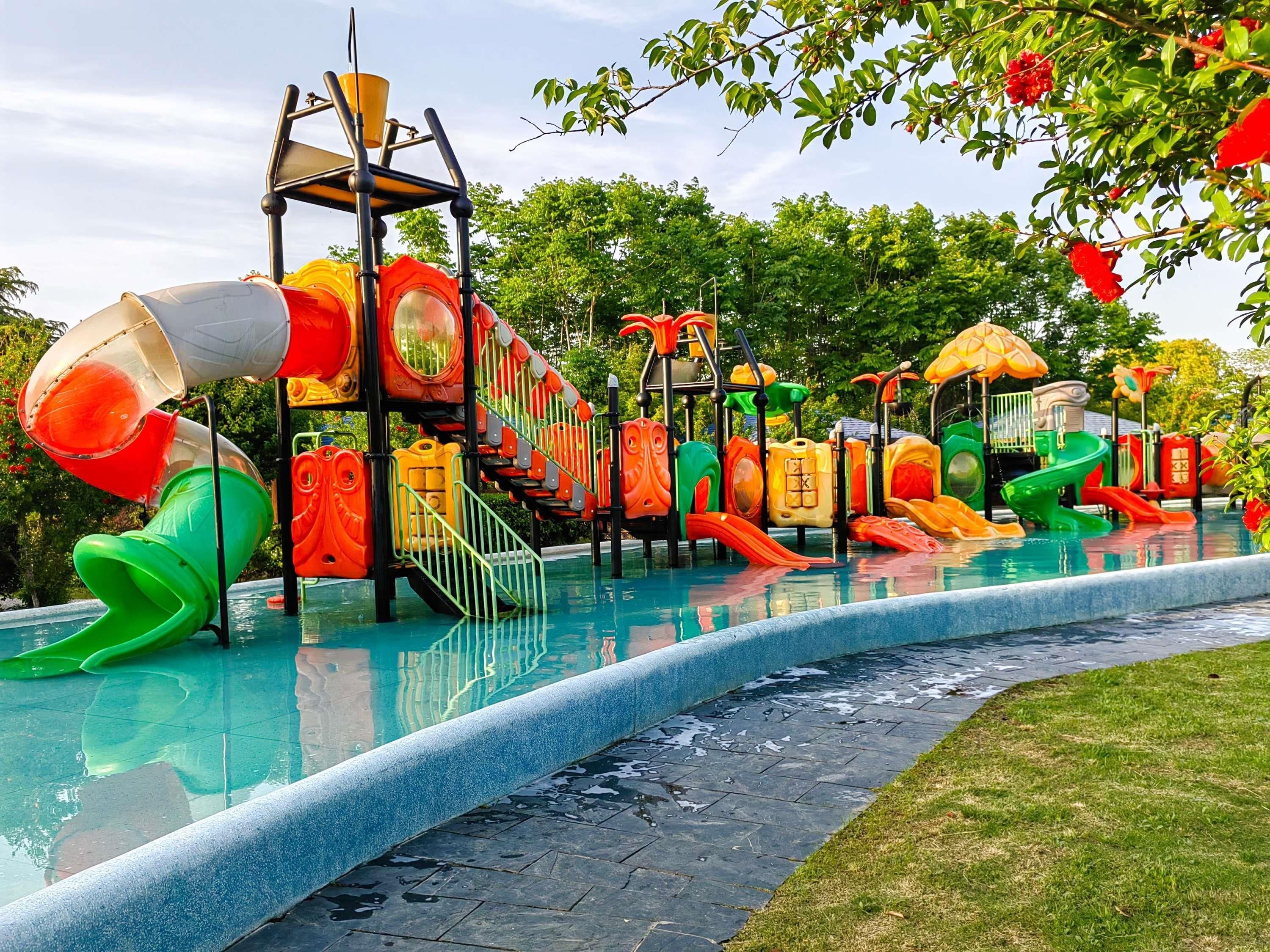 A water park with slides and play structures.