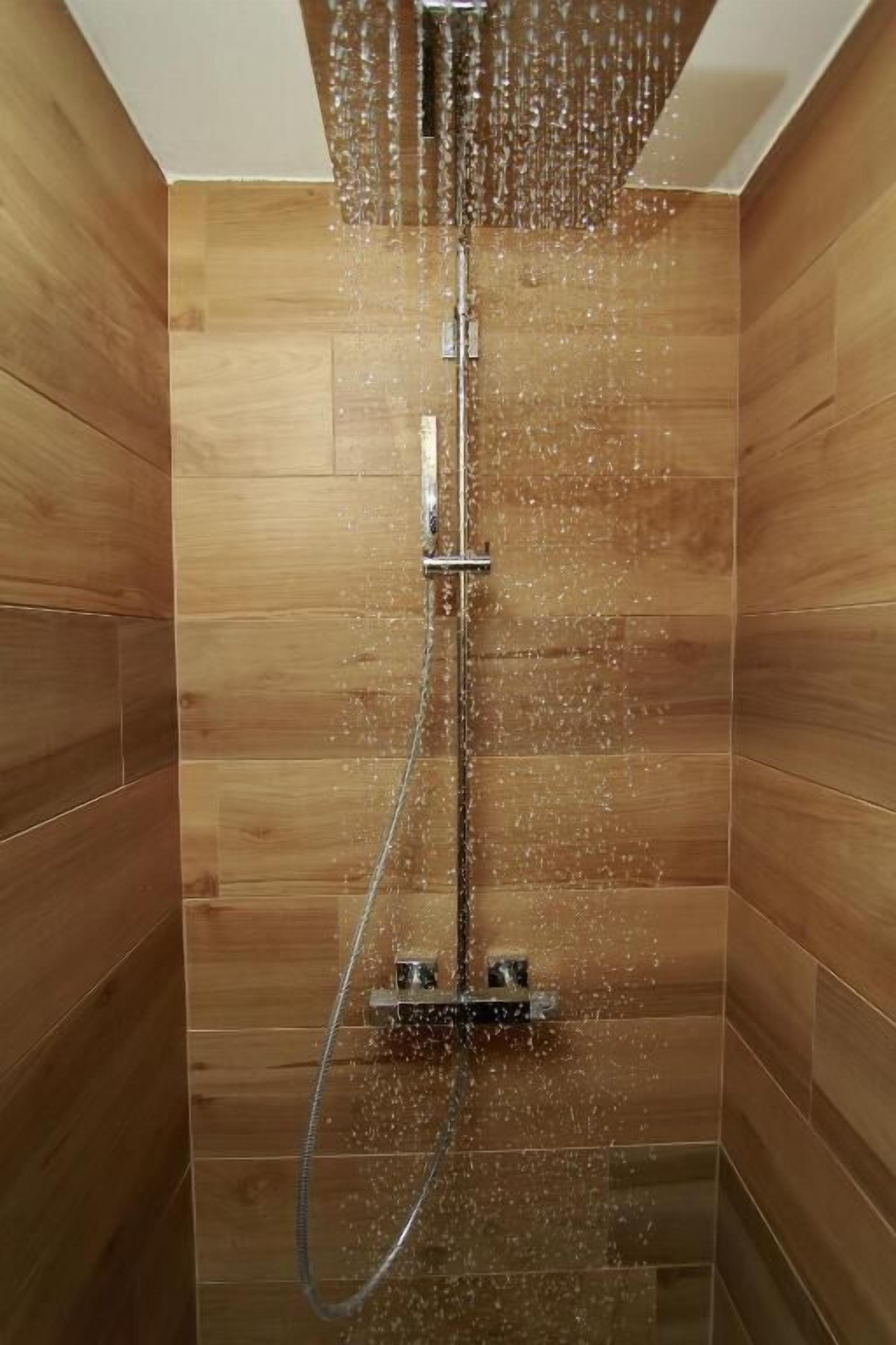 Een douche met een regenkop, een handdouche en een bedieningspaneel aan de muur.