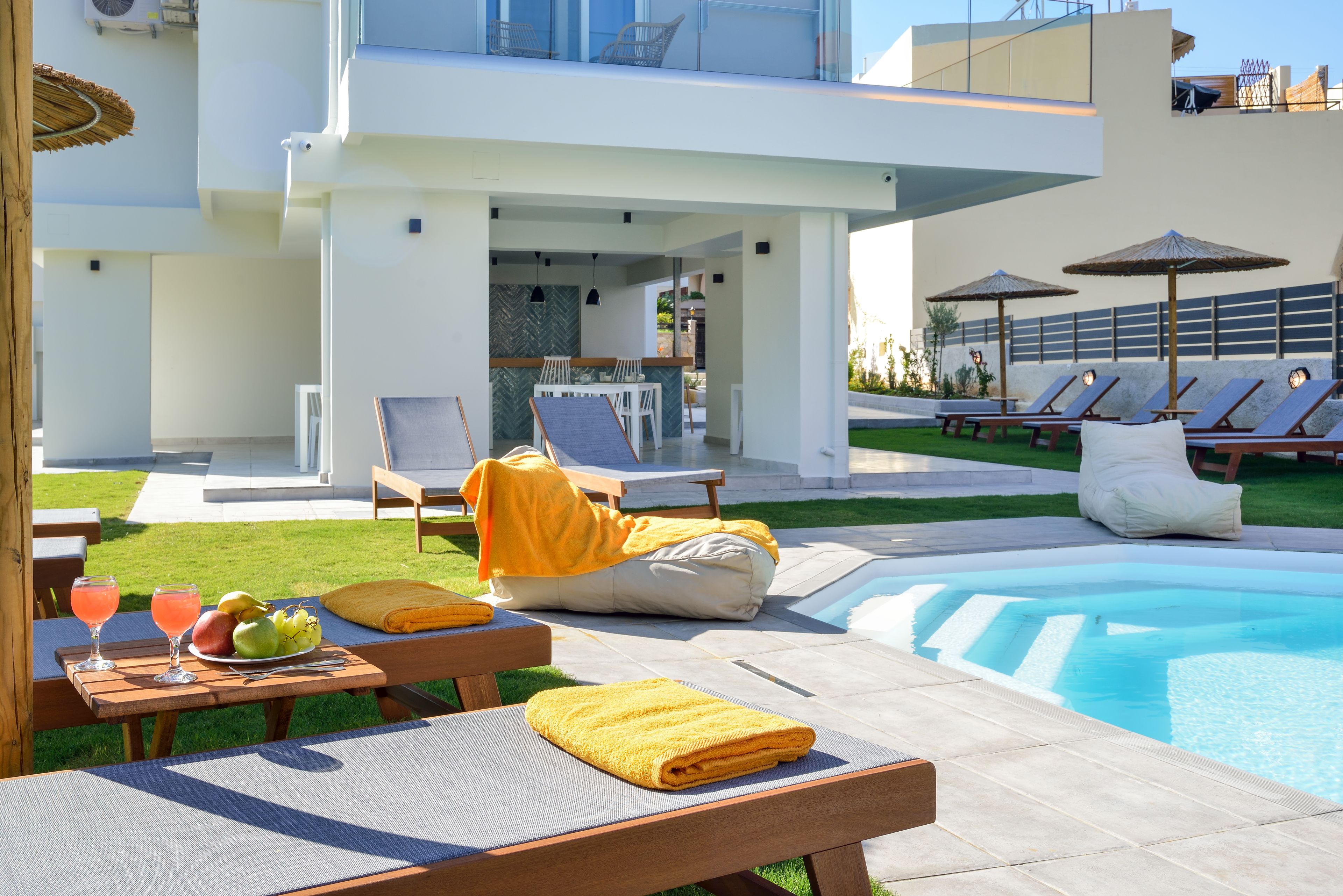 outdoor pool, pool loungers