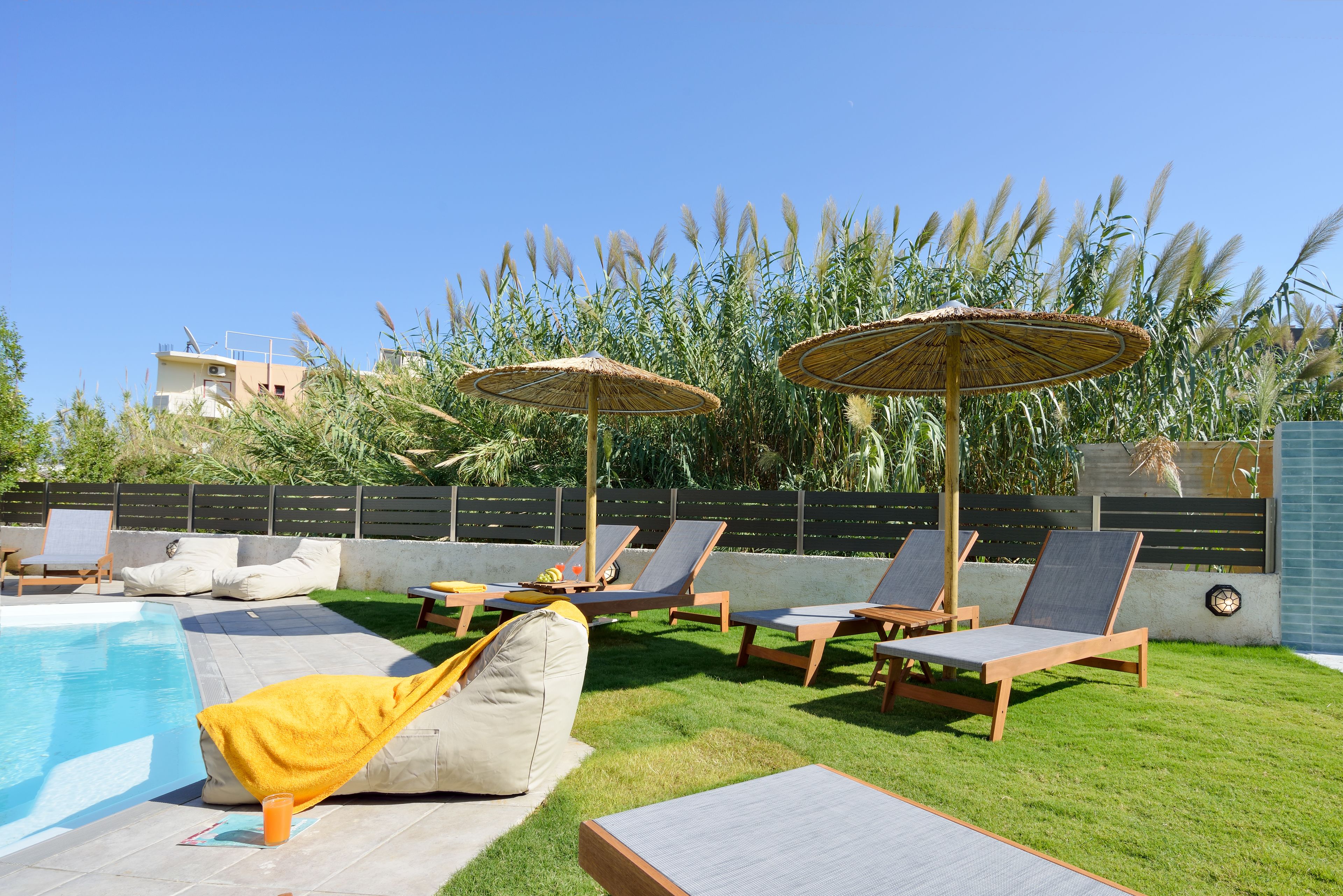 outdoor pool, pool loungers