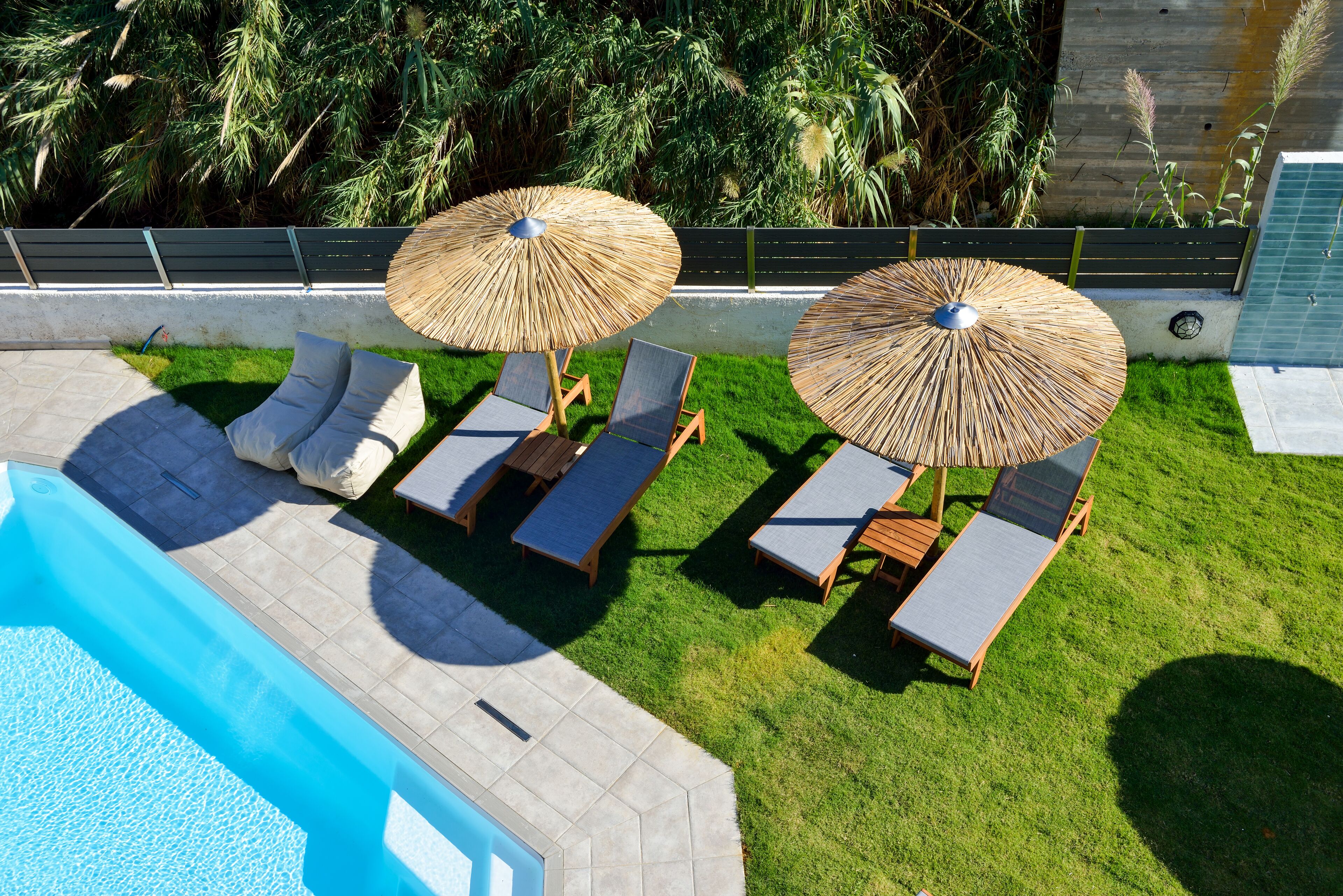 outdoor pool, pool loungers