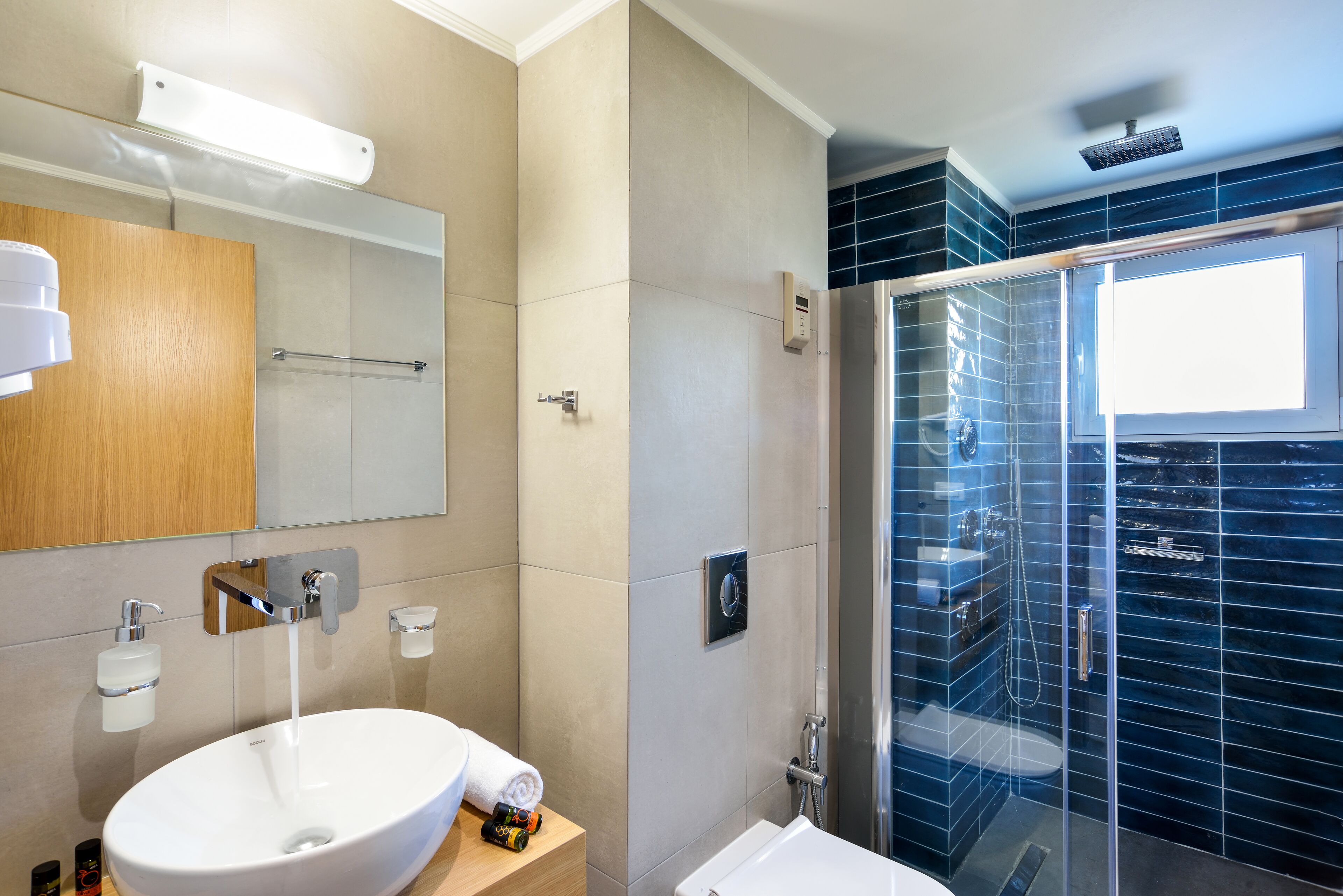 superior room with balcony | bathroom | shower, free toiletries, hair dryer, bathrobes