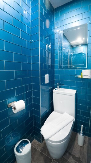 Une salle de bain avec des carreaux bleus, des toilettes blanches, un lavabo, un miroir et un porte-rouleau de papier toilette.