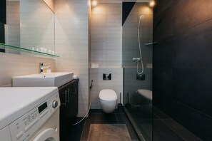 Business Apartment, 1 Queen Bed with Sofa bed, Non Smoking, City View | Bathroom | Shower, hair dryer, towels, soap - ShortStayPoland Chełmska - B5 (Warsaw)