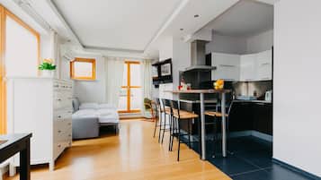 Business Apartment, 1 Queen Bed with Sofa bed, Non Smoking, City View | Private kitchen | Full-sized fridge, microwave, oven, stovetop