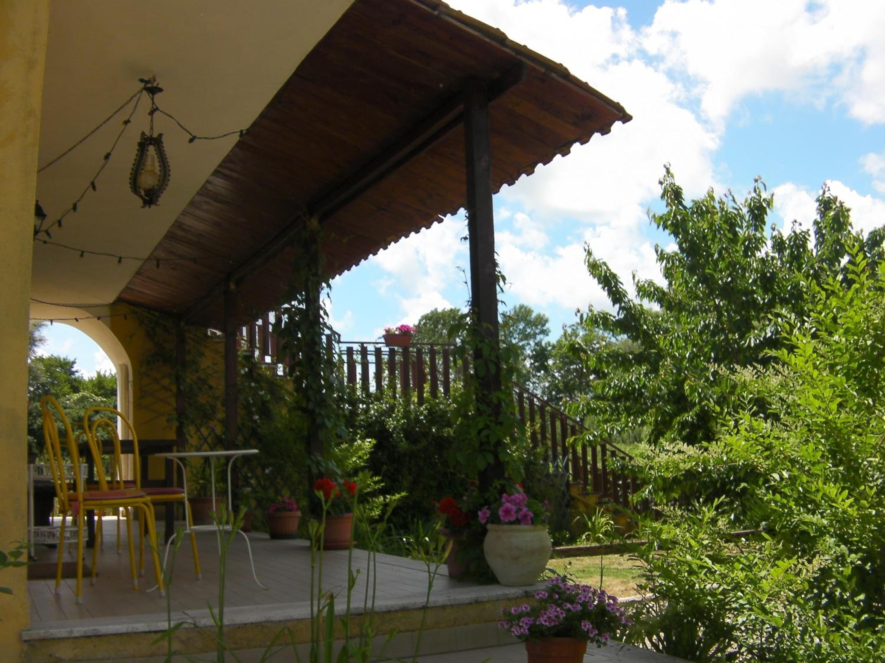 Un espacio al aire libre cubierto con techo de madera, sillas amarillas y plantas en macetas.