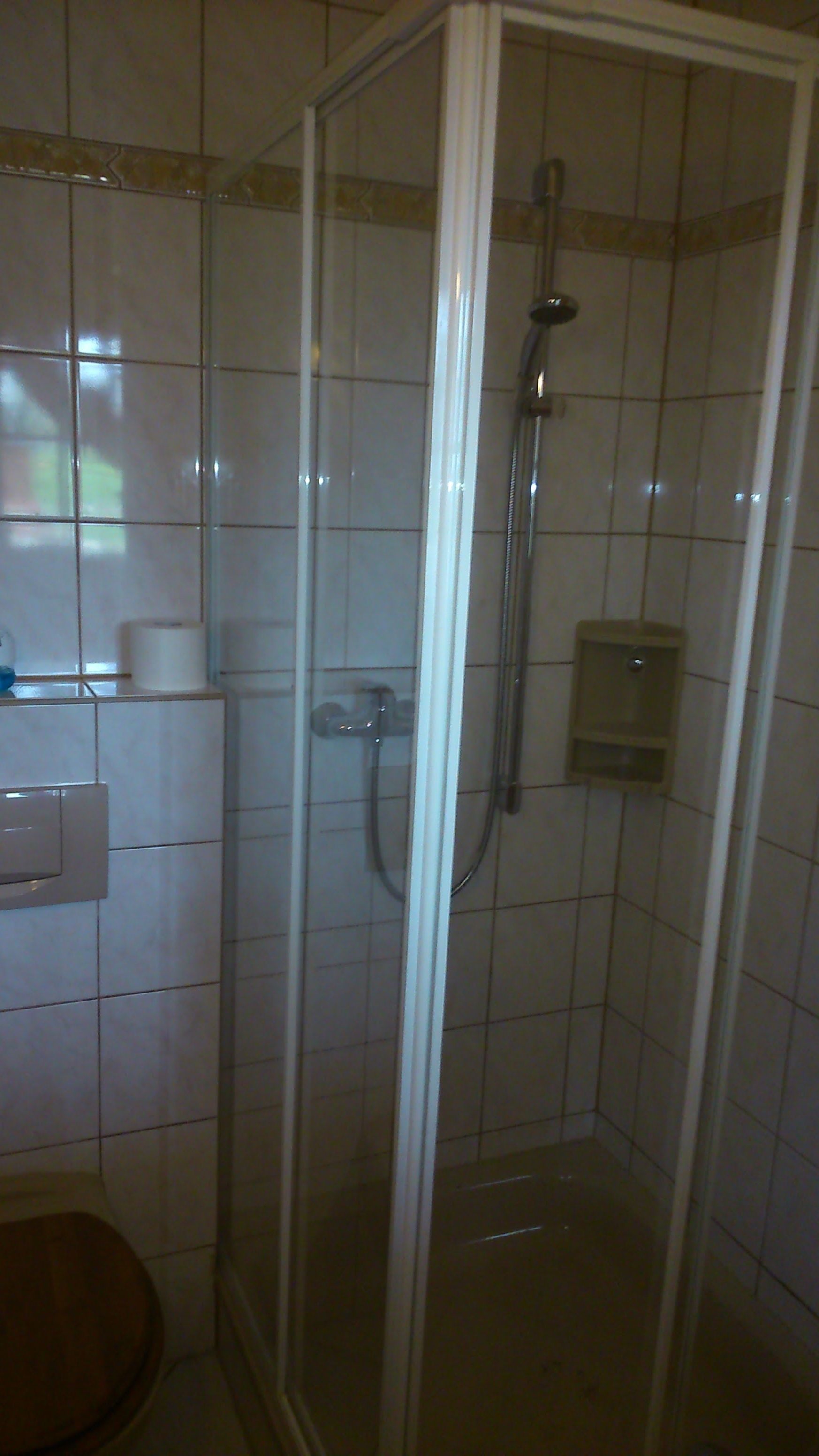Un petit espace douche fermé, doté d’une porte en verre, de toilettes et d’un distributeur de serviettes.