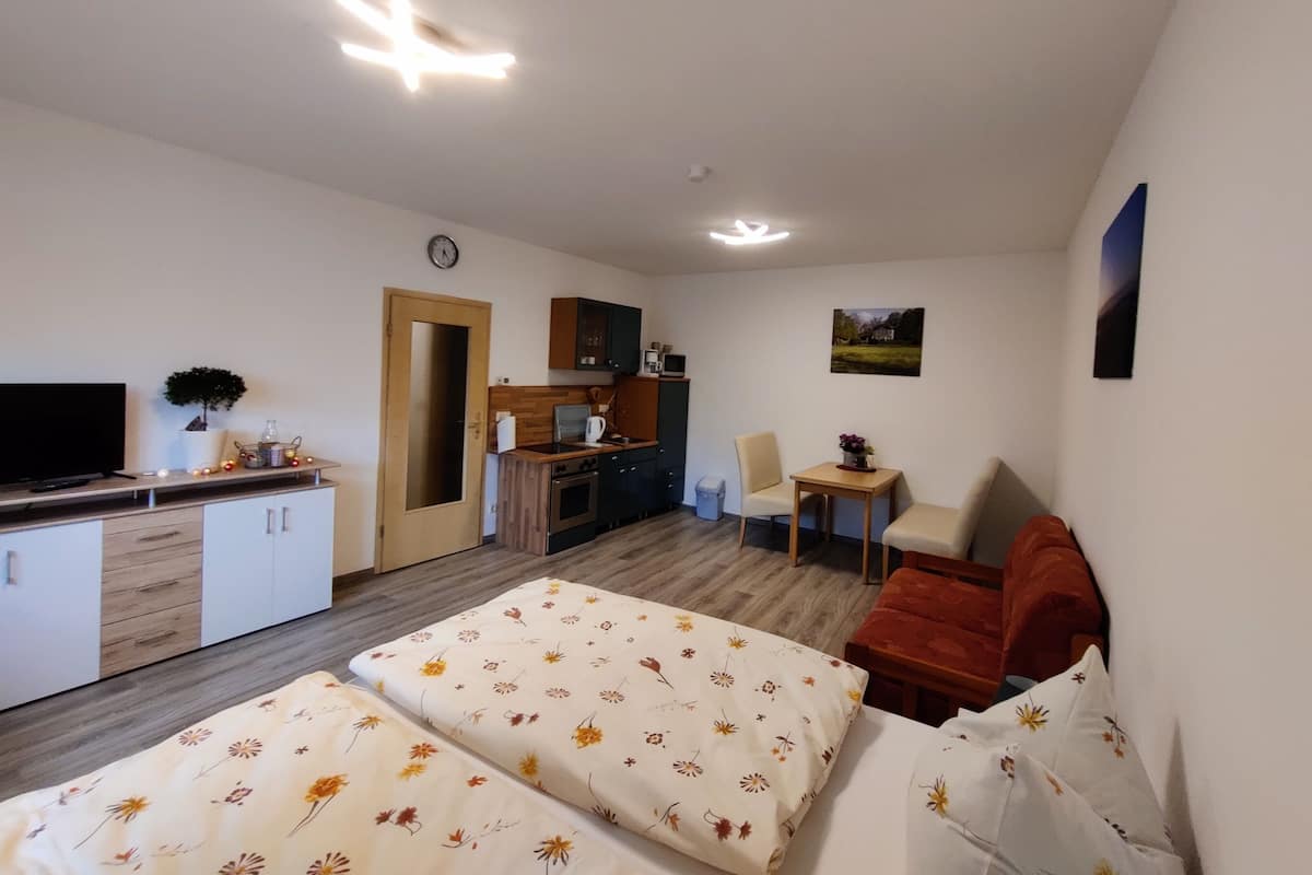 A compact room with a bed, a small kitchenette, a TV, and a dining area.