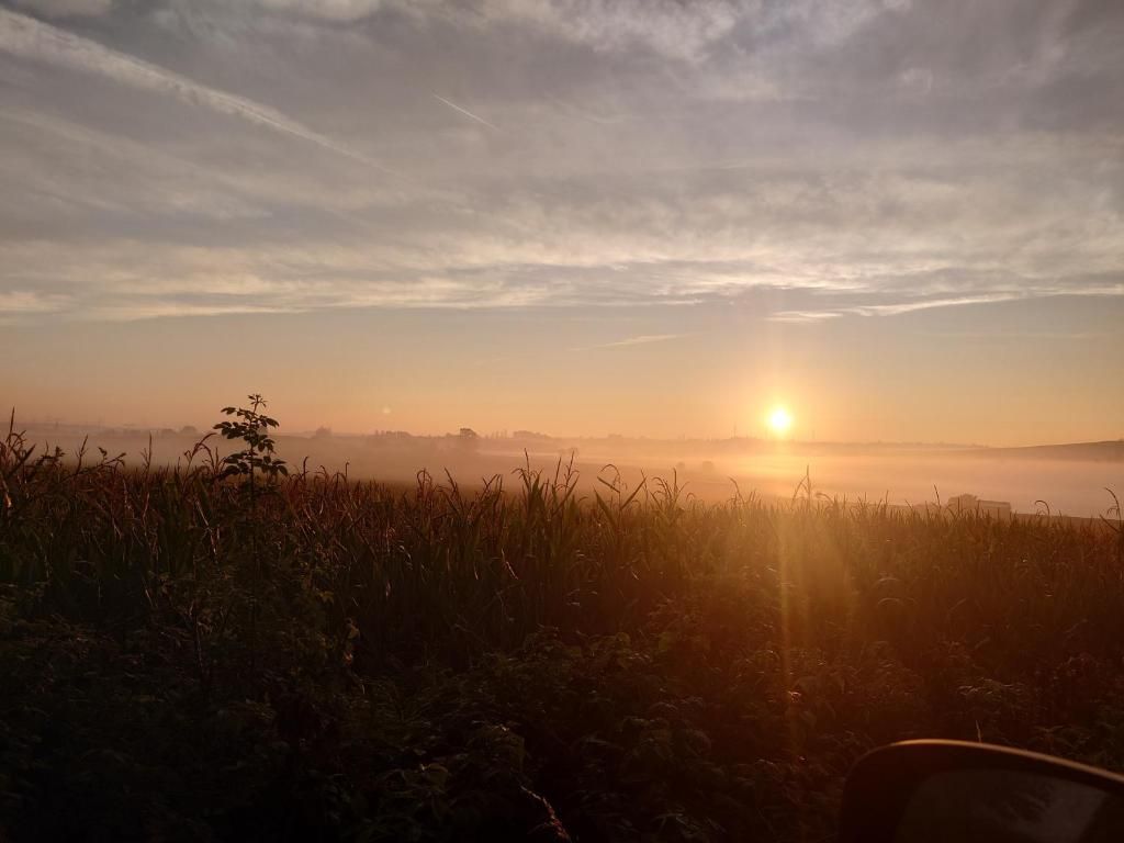 Amanecer sobre un campo con una silla al frente.