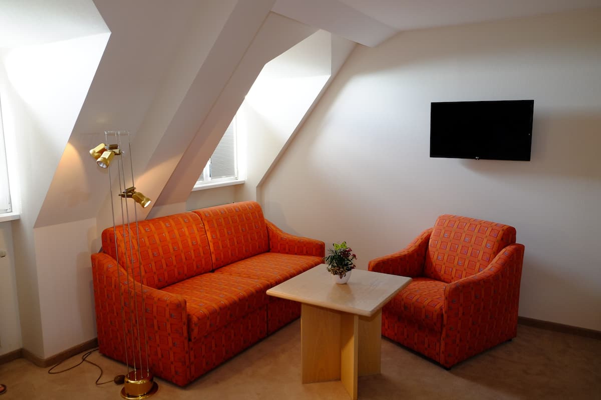 A modern living room with a sloped ceiling, a flat-screen TV mounted on the wall, an orange patterned sofa, a matching armchair, and a small wooden coffee table.