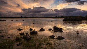 Um lago sereno com pedras dispersas e uma costa distante.