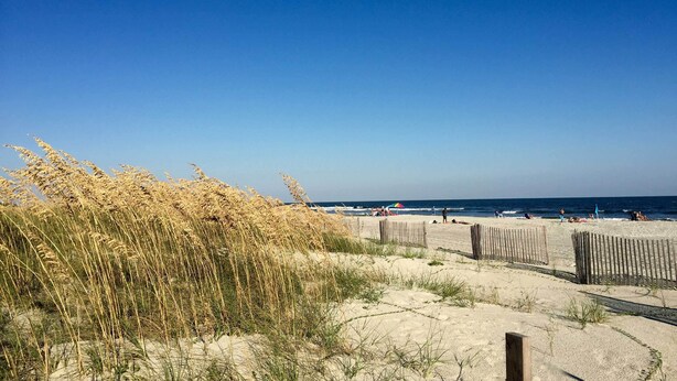 Ein Strand mit Dünen und einem Holzzaun.