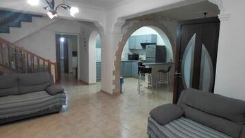 TV, lareira, livros, videoteca