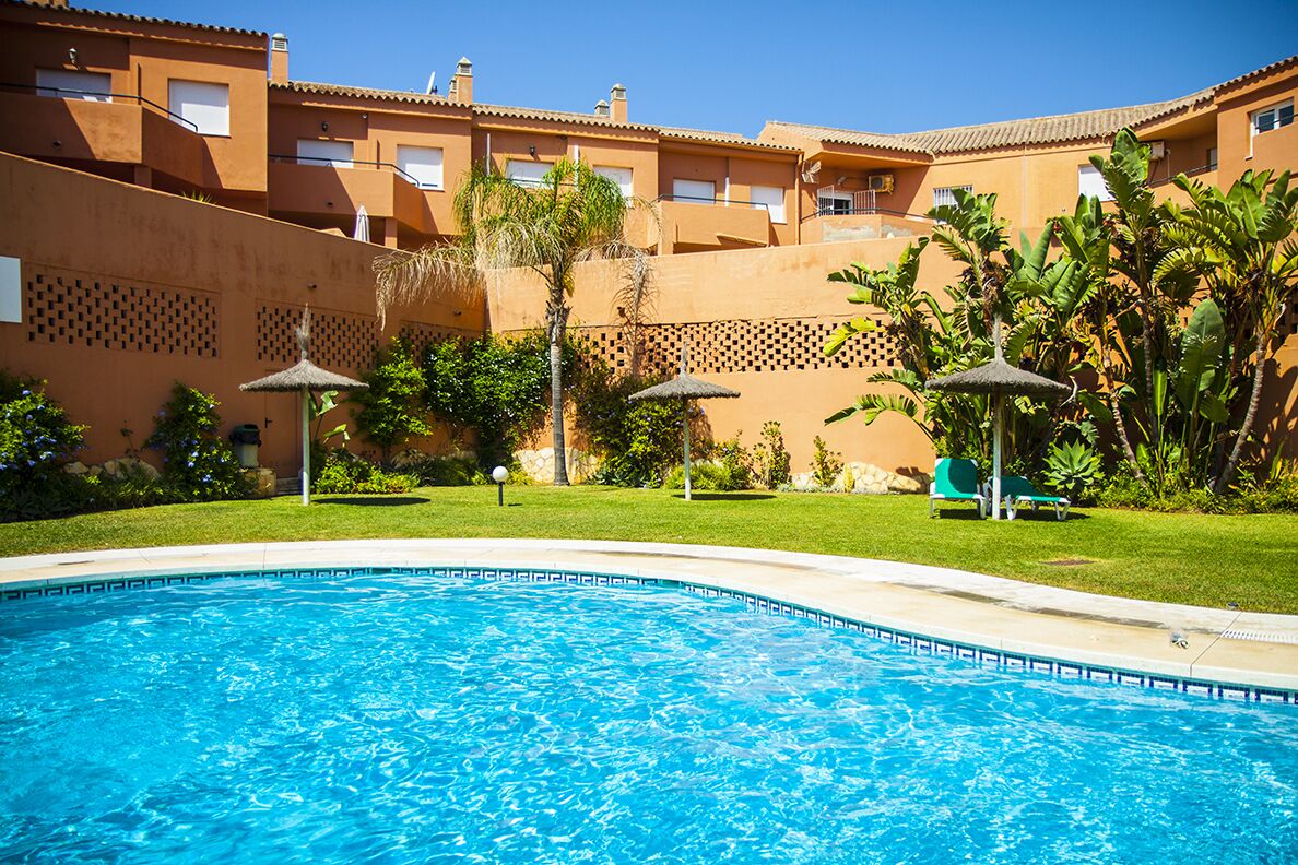 A swimming pool with a clear blue water, surrounded by a well-maintained lawn and tropical plants.