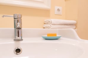 Douche, séchoir à cheveux, serviettes fournies, savon