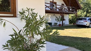 Una casa con una planta grande en maceta al frente, un patio con baldosas y un coche blanco estacionado al fondo.